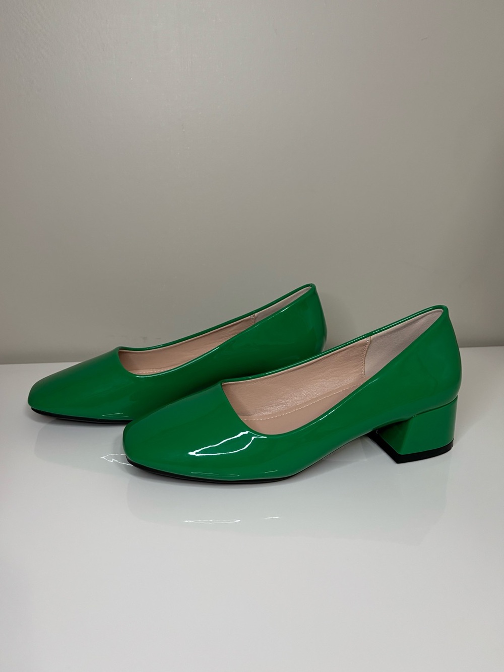 Green Patent Low Block Heel Pumps